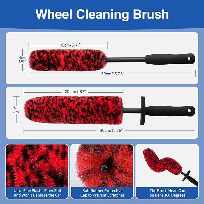 5 Pack Car Wheel and Tire Cleaner Brushes Kit Auto Motorcycle Rim Ultra Soft Microfiber No Spatter Bendable Woolies Bristle Cleaning Set (Red & Black)