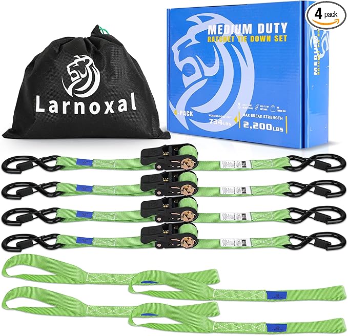 Ratchet Straps 4 Pack - 2,200 Lbs Break Strength 1 in x 15 Ft Medium Duty Ratchet Tie Down Straps with S Hooks Set for Truck, Cargo Van, Trailer, Motorcycle (Green)