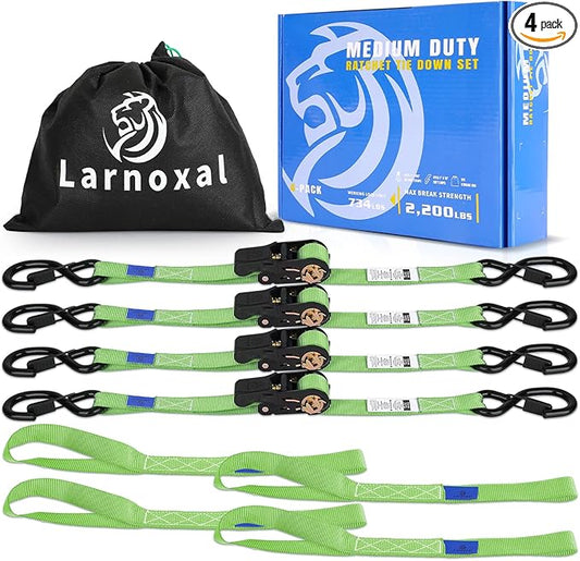 Ratchet Straps 4 Pack - 2,200 Lbs Break Strength 1 in x 15 Ft Medium Duty Ratchet Tie Down Straps with S Hooks Set for Truck, Cargo Van, Trailer, Motorcycle (Green)
