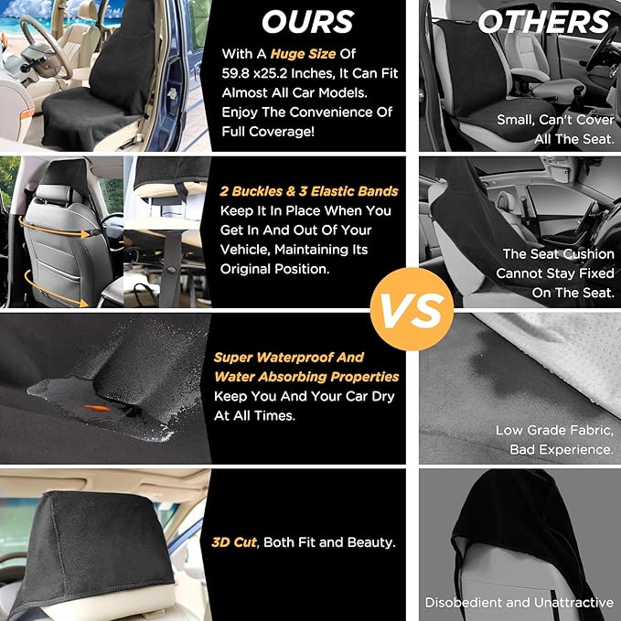 Waterproof Seat Cover Towel, 2PCS Premium Sweat Carseat Protector, Perfect for Universal Anti-Slip Car Truck SUV Seat, Great for Surfing Yoga Gym Workout, Black