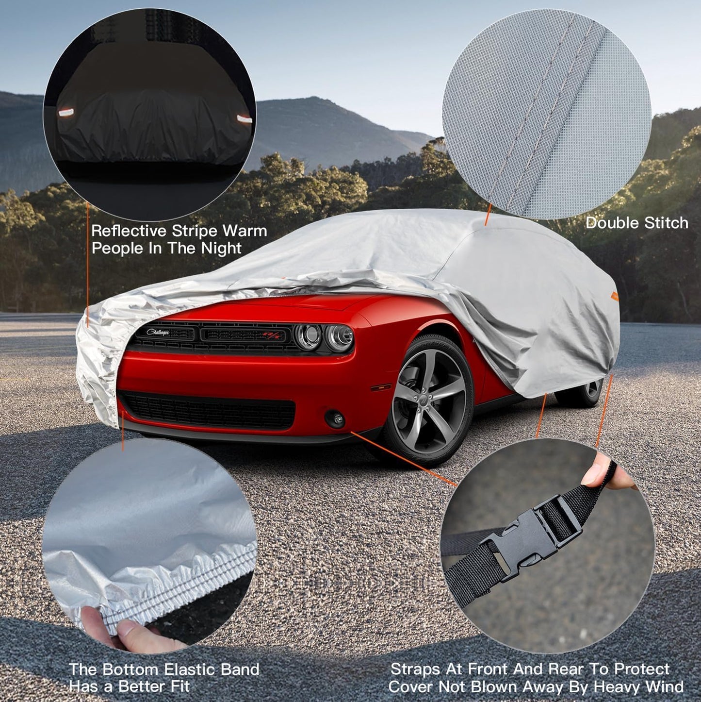 Kayme 6 Layers Car Cover Waterproof All Weather for Automobiles, Outdoor Full Cover Universal Fit for Dodge Challenger Hellcat Demon, Porsche Panamera Taycan, Rain UV Protection.(194-208 inch)