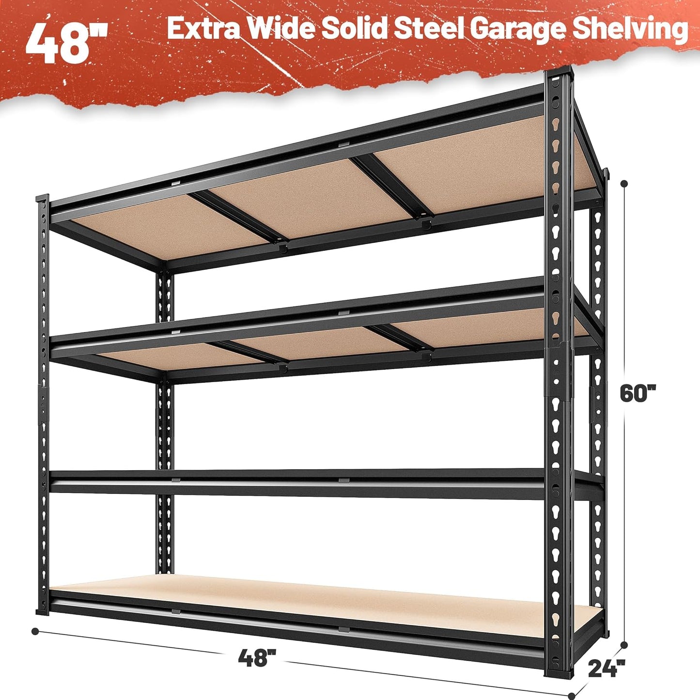 REIBII 48" W Garage Shelving Heavy Duty 2550 LBS Storage Shelves 4 Tier Heavy Duty Shelving, Adjustable Metal Shelves, Industrial Shelf for Garage, Warehouse, Pantry, 48" W x 60" H x 24" D
