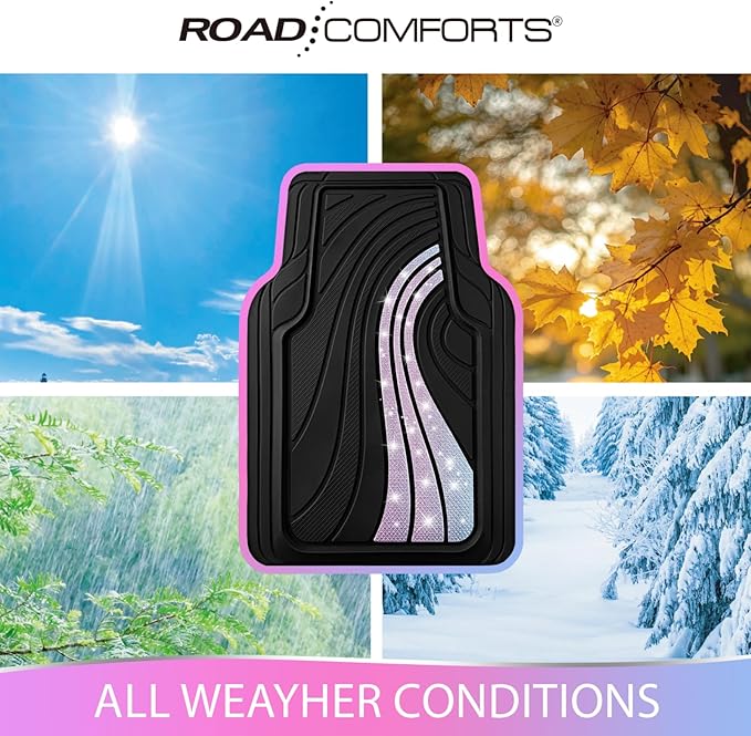 Road Comforts Car Floor Mats Full Set – Front & Rear Car Floor Mats with Aluminum Design, Anti-Slip Backing, All-Weather Protection, Trim-to-Fit Car Mats for Most Sedans, SUVs & Vans - Glitter