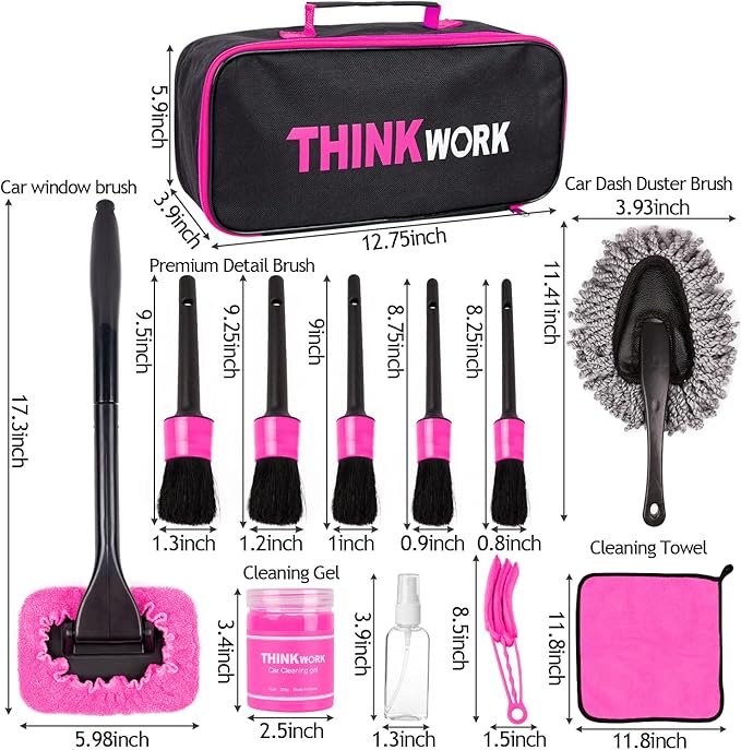 THINKWORK Pink Car Duster Interior Kit, Perfect Car Detailing Brush Kit for Cleaning Windows,Windshield,Dashboard and Air Vents Suitable for All Cars