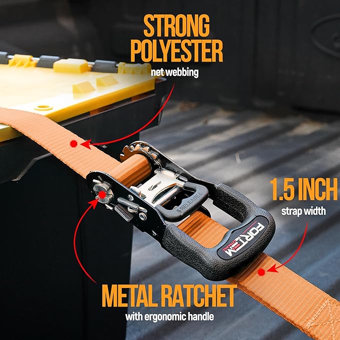 FORTEM Ratchet Tie Down Straps, 5208lb Break Strength, 4 Pack 10ft x 1.5in Heavy Duty Straps, 4 Soft Loops, Cam Buckles for Motorcycles, Safety Lock S Hooks, Carry Bag