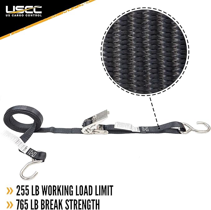 US Cargo Control Stainless Steel Ratchet Strap Tie Down, 1 Inch Wide X 10 Foot Long, Black Tie Down, Stainless Steel Thumb Ratchet, S Hooks, 4 Pack