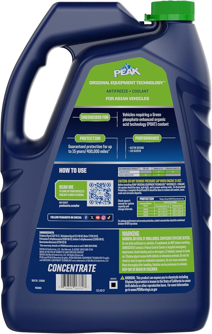 PEAK OET Extended Life Green Concentrate Antifreeze/Coolant for Asian Vehicles, 1 Gal.