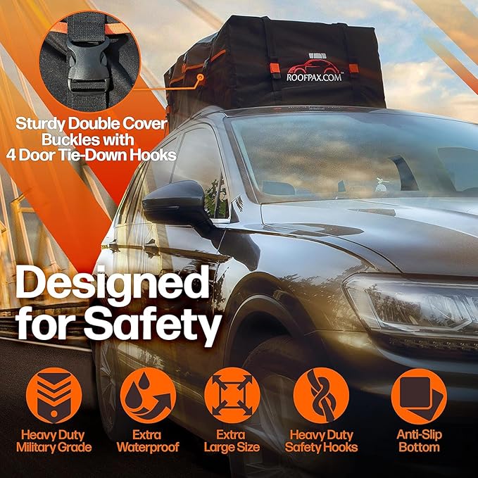 RoofPax 23 cft. Extra Waterproof Rooftop Cargo Carrier Bag, Double Weatherproof Zippers,10 Heavy-Duty Tie-Down Straps fit Cars with/Without a Rack or Side Rails, Safety Hooks Included