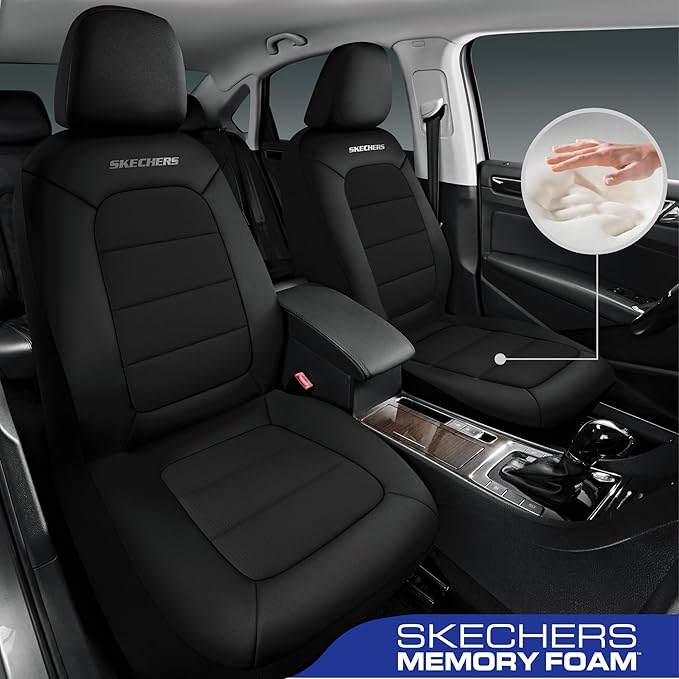Skechers Memory Foam Seat Covers,Thick Cool Touch Fabric Car Seat Covers,Seat Cover Full Set Airbag Compatible,Automotive Comfort Protection for Most Cars,Vans,Trucks,SUV,Black