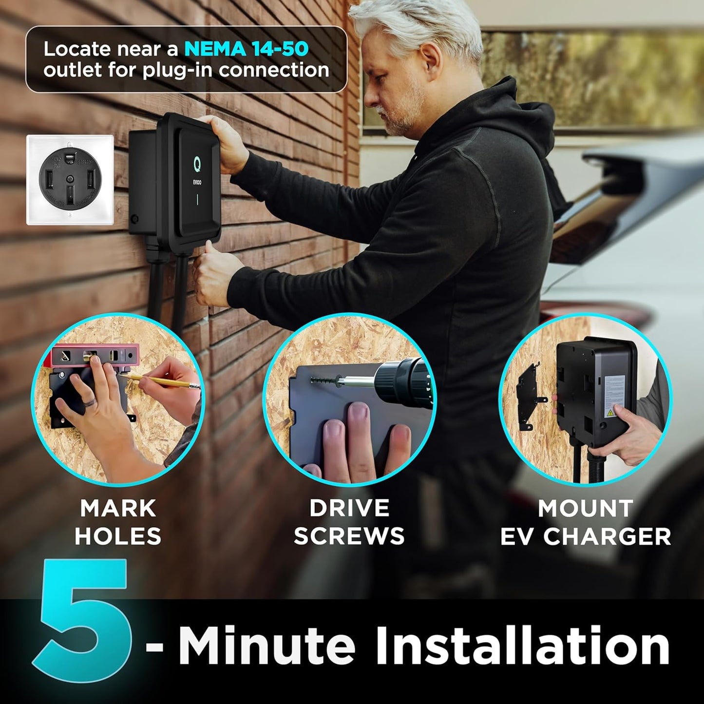 EVIQO Level 2 EV Charger - 48 Amp EV Charger Level 2-240V Electric Vehicle Charging Stations - Smart Wall EV Chargers for Home LEVEL2 - NEMA 14-50/Hardwired - 11.5kW EVSE J1772, Energy Star/UL