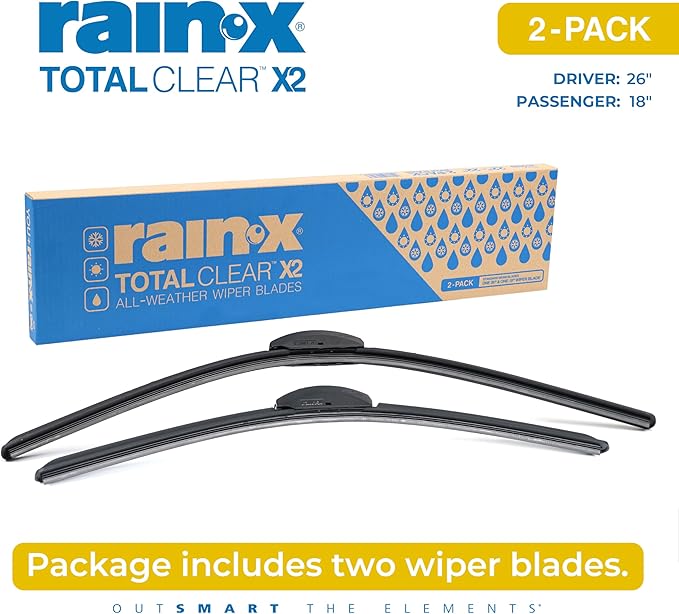 Rain-X 810332 Total Clear Beam Wiper Blades 26" & 18" Windshield Wipers for All-Weather Performance, Rubber Squeegee for Smooth Clean Wipe & Quiet Operation - 2 Pack Value