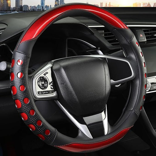 Leather Car Steering Wheel Cover with Anti-Slip Grip, for Women and Men, Universal Fit for 14.5-15 Inch Cars, Trucks, SUVs (Red (Round), Medium(Standard) Size[14 1/2''-15''])