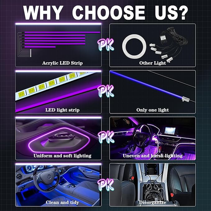 RGB Acrylic Ambient Lighting Car Lights, LED Strip Lights with APP Control, 593 LEDs Interior Car Lights, 6 in 1 Neon Car Ambient Lighting Kit