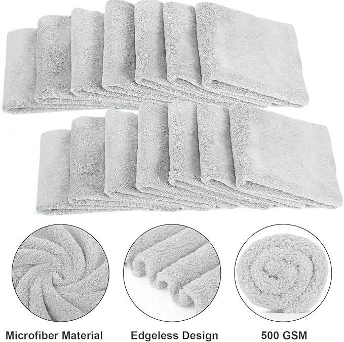 Shimeyao 30 Pcs Edgeless Microfiber Plush Towels for Cars Detailing Drying Wash Polishing Absorbent Cleaning Cloths, 500 GSM, 16 x 16 Inch(16 x 16 Inch,Light Gray,30 Pcs)