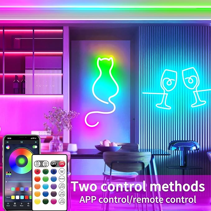 16.4FT DC24V RGB LED Neon Rope Lights with Remote/APP Control, Waterproof, Flexible, Multicolor, Modern Style for Bedroom, Room, Outdoors, Christmas Decor