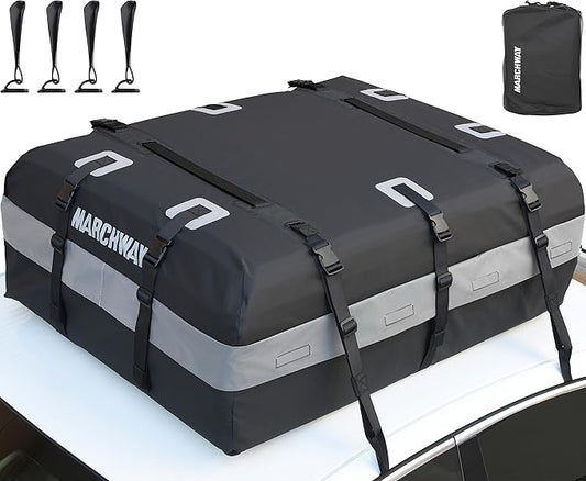 MARCHWAY Waterproof Car Roof Luggage Bag, Weatherproof Soft Shell Rooftop Cargo Carrier Bag for Vehicles with or Without Rack. 6 Door Hooks, Anti Slip Mat, Lock Included (21 Cubic Feet, Black)
