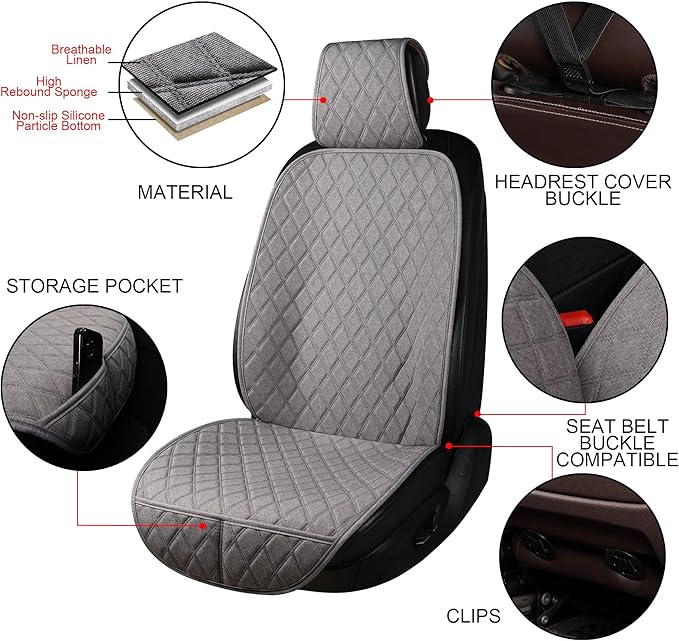 ENOGE Front Car Seat Covers, Linen Car Seat Cover, Driver Seat Protector with Soft & Breathable Cloth Fabric for All Seasons Universal Fits Most Automotive, Van, SUV, Truck (Gray, 2 Front)