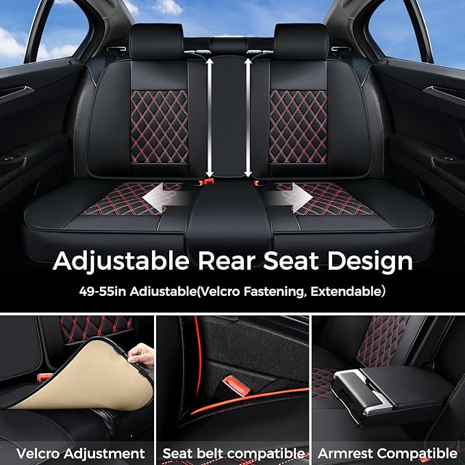 Huidasource Seat Covers for Car, Full-Cover Nappa Leather Car Seat Covers Full Set Waterproof, Black Car Seat Cover Front ＆ Back Seat Fit for Most Cars, Vans, Trucks, SUVs (Full Set/Black&Red)