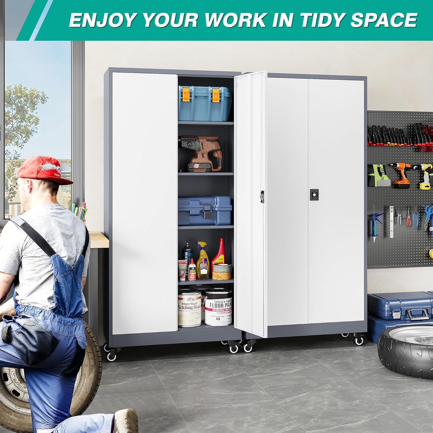 75" Tall Metal Storage Cabinet with Wheels,Rolling Garage Storage Cabinet with Lock,Gray White Metal Cabinets with Wheels and Shelves,Locking Tool Cabinets on Wheel for Garage,Home,Office,Shop