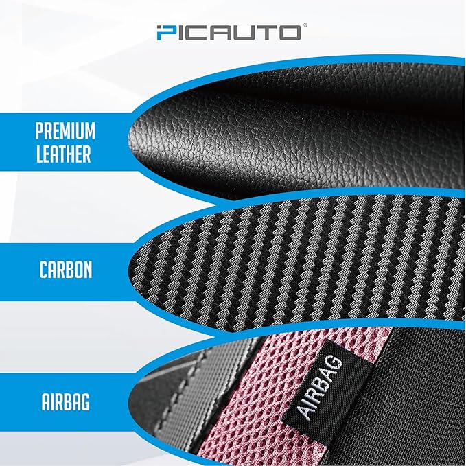PIC AUTO Leather Car Seat Covers, Sports Carbon Fiber & Mesh Design, High-Back Front & Rear Full Set, Waterproof Automotive Seat Covers, Airbag Compatible, Universal Fit for Most Cars (Black & Pink)