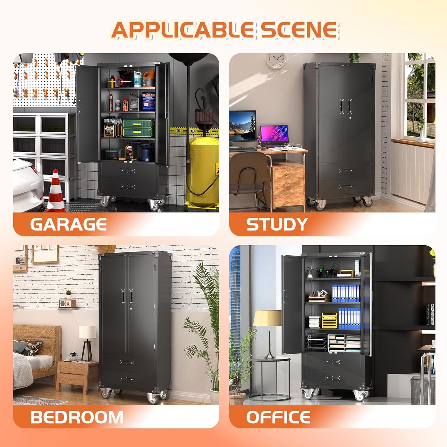 Rolling Storage Cabinet with 2 Doors and 2 Drawers, Heavy Duty Metal Storage Cabinet with Shelves, Locking Steel Cabinet for Warehouse, Home, Office (Black)