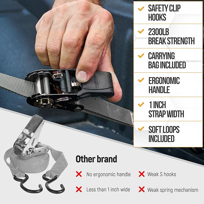 FORTEM Ratchet Straps, Tie Down Strap Set 2300lb Break Strength, 4 Pack 15ft x 1in, 4 Soft Loops, Moving Straps Tie Downs, Cargo Cam Buckles for Trucks, Carry Bag, for Men