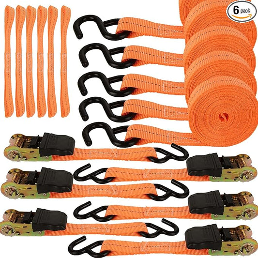 Ratchet Straps, 6Pack 20Ft Ratchet Tie Down Straps, 1700 LB Break Strength Ratchet Tie Down Straps with Safety Lock S Hooks & Soft Loops for Moving Cargo, Motorcycle, Appliances, Lawn Equipment