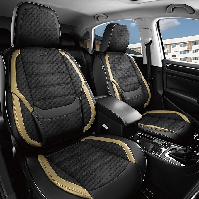 Skechers MAX Cushioning Seat Covers,Memory Foam Leather Car Seat Covers,Waterproof Car Seat Protector Full Sets,Car Seat Cushion Airbag Automotive Universal Fit for Most Cars,Vans,Trucks,SUV,Beige