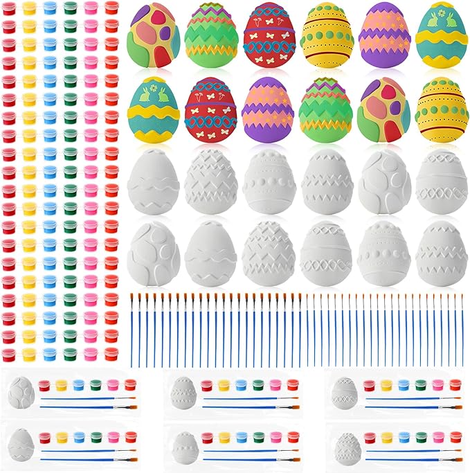 24 Set Easter Egg DIY Painting Kit Ceramic to Paint Your Own Egg Statues Unpainted Plaster Figurines with Brushes Acrylic Bags Arts and Crafts Kits Party Favor for Adults