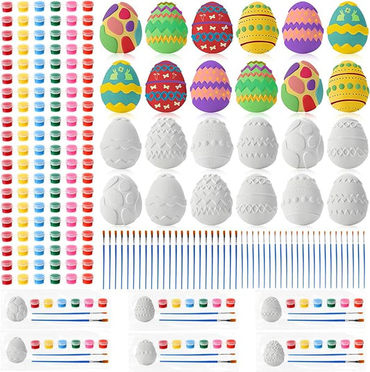 24 Set Easter Egg DIY Painting Kit Ceramic to Paint Your Own Egg Statues Unpainted Plaster Figurines with Brushes Acrylic Bags Arts and Crafts Kits Party Favor for Adults