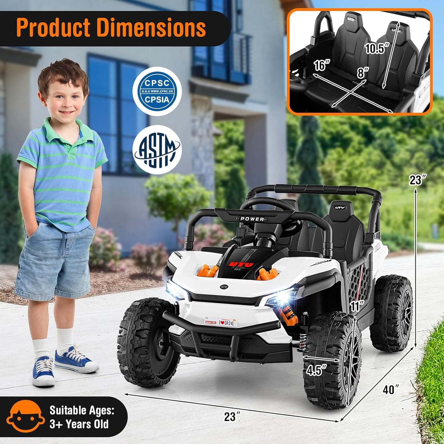 Costzon Kids UTV, 12V Battery Powered Electric Off-Road Car w/Remote Control, Sounds, Wireless Connection, 3 Speeds & 4-Wheel Suspension, Kids Ride on Truck, Gift for Boys & Girls 3+ Years Old (White)