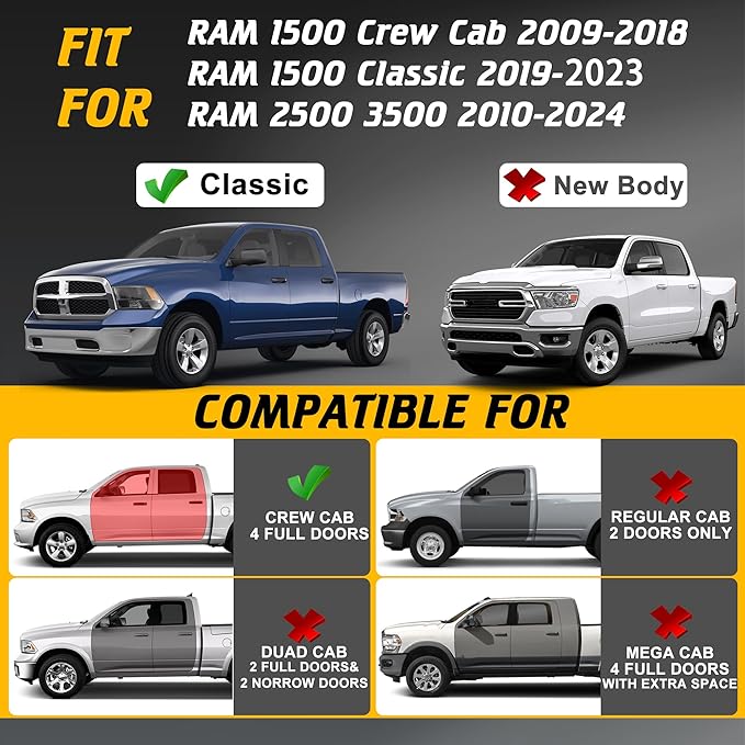 Running Boards Compatible with 09-18 Ram 1500/10-25 Ram 2500 3500 Crew Cab(Incl 19-24 Classic), 4 Stairs Design Step Bars Nerf Bars Heavy Duty Carbon Steel Rock Sliders