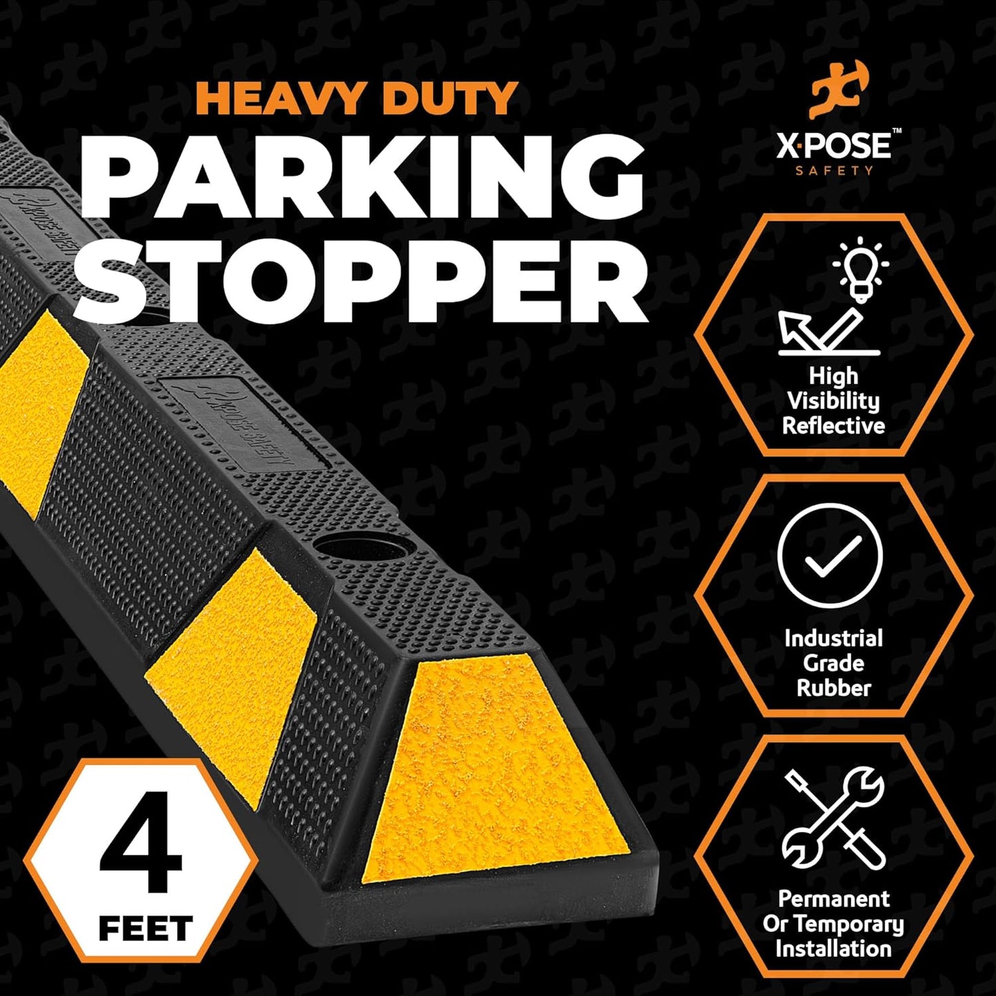 Xpose Safety 48" Heavy Duty Rubber Parking Stopper – 10 Pack Wheel Blocks for Garage, Driveway, or Ramp – Car Bumper Stop with Yellow Reflective Strips – Removable Floor Mount