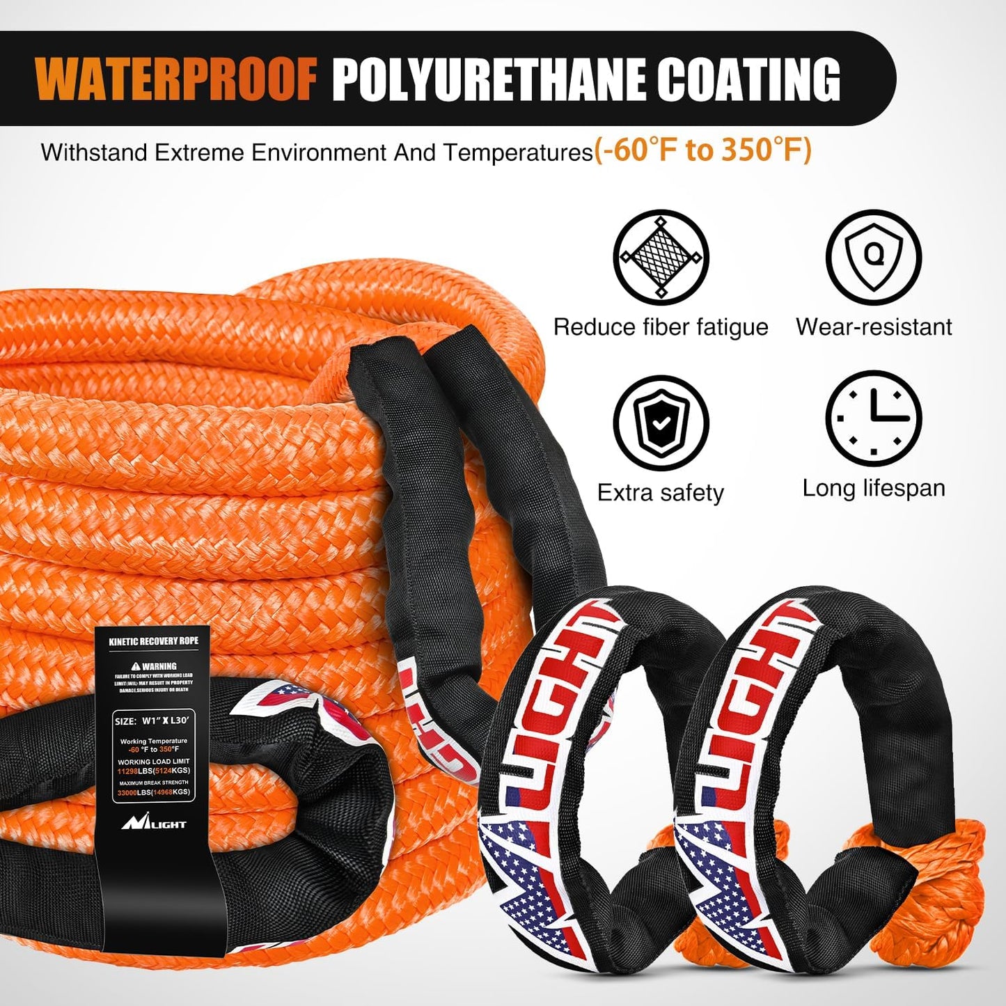 Nilight Kinetic Recovery Tow Rope Kit with 2 Soft Shackle 1" x 30ft Heavy Duty Offroad Tow Rope Snatch Strap Towing Strap kit (33,000LBS) for UTV ATV SUV Truck Car Jeep Tractor