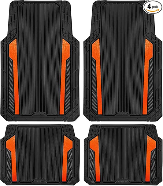 CAR PASS Heavy Duty Rubber Car Mats Metallic, Aluminum Film All Weather Floor Mats Waterproof Universal Trim to Fit SUVs Sedans Vans 4 Piece Anodized Deep Dish Two-Tone Sporty Black Orange Chrome