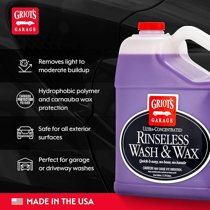 Griot's Garage Rinseless Wash and Wax for Car Cleaning and Detailing, No-Rinse, Waterless Formula For RVs, Boats, Trucks, Motorcycles and More, 10497, One Gallon