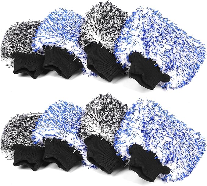 MIKKUPPA Microfiber Car Wash Mitt - Double-Sided Ultra Absorbent Scratch Free Premium Blend Glove for Car Washing Home Cleaning (Blue & Black, 8Pack, 11'' x 8'')