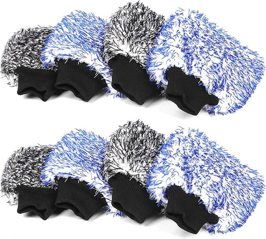 MIKKUPPA Microfiber Car Wash Mitt - Double-Sided Ultra Absorbent Scratch Free Premium Blend Glove for Car Washing Home Cleaning (Blue & Black, 8Pack, 11'' x 8'')