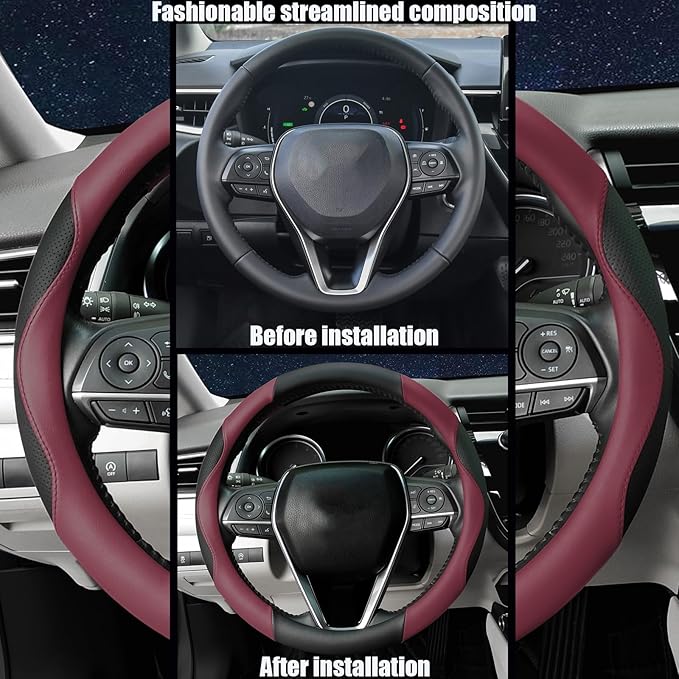 Steering Wheel Cover Universal Standard Size 14.5-15 inch, Breathable Microfiber Leather, Anti-Slip, Soft Grip, Sporty Design, Fits for Cars SUVs Trucks, Black and Burgundy