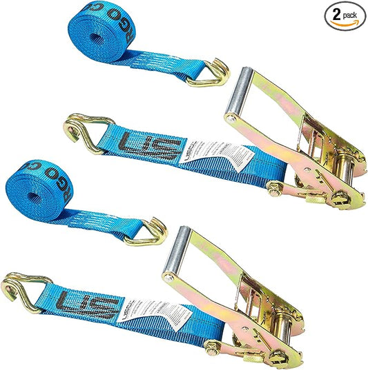 US Cargo Control 2 Inch Wide x 18 Foot Long Ratchet Strap with J Hooks, Blue Weather Resistant Webbing, 3,333 Pound Working Load Limit, 2 Pack
