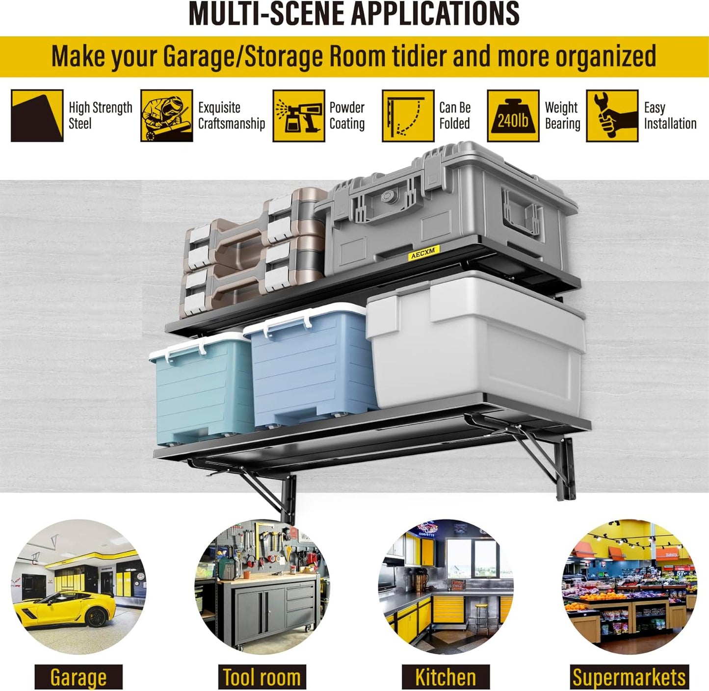 2pack-1.2x3ft Adjustable Rail Type Folding Storage Rack Shelf, Suitable for Garage, Storage Room, Kitchens Wall Shelf Garage Storage Rack Floating Shelves, Folding Panels (2pcs-Black)