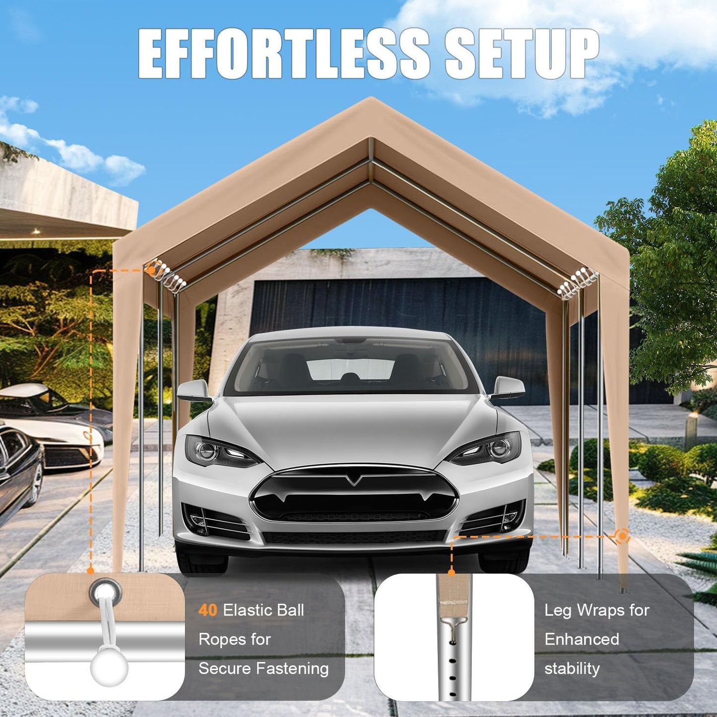 Carport Canopy 10'x20' Heavy Duty Replacement Cover, Beefull Carport Replacement Canopy for Car Garage, Waterproof & UV Protected Tarp with Ball Bungees, Beige(Frame is not Included)