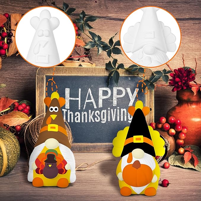 Hollowfly 2 Pack Fall Ready to Paint Your Own Gnome Statues 4" Thanksgiving Turkey Gnomes Blank Pumpkin Unpainted Ceramics Figurines Craft DIY Art with Brush Palette Paint for Adults