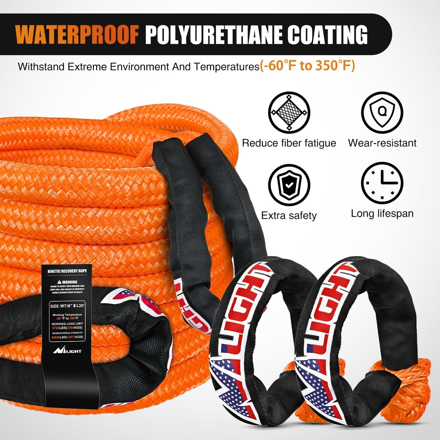 Nilight Kinetic Recovery Tow Rope 7/8" x 20ft (28,600LBS) with 2 Soft Shackle 1/2" x 24" Snatch Strap Heavy Duty Offroad Towing Strap kit for UTV ATV SUV Truck Car Jeep Tractor