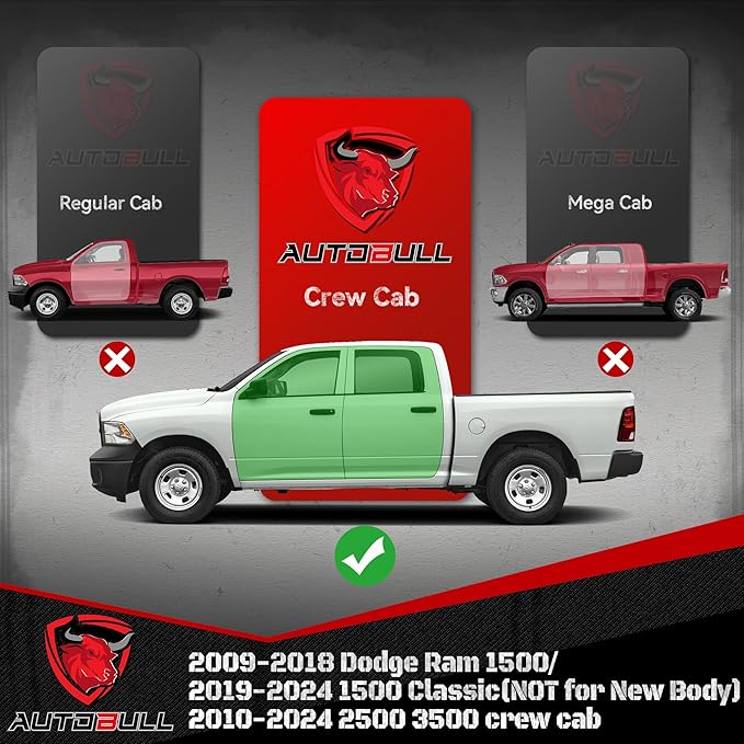 CrewCab Running Boards Side Steps Compatible with 2009-2018 Dodge Ram 1500, 2019-2024 1500 Classic, 2010-2024 Ram 2500 & 3500 CrewCab, Black Textured Aluminum Nerf Bars