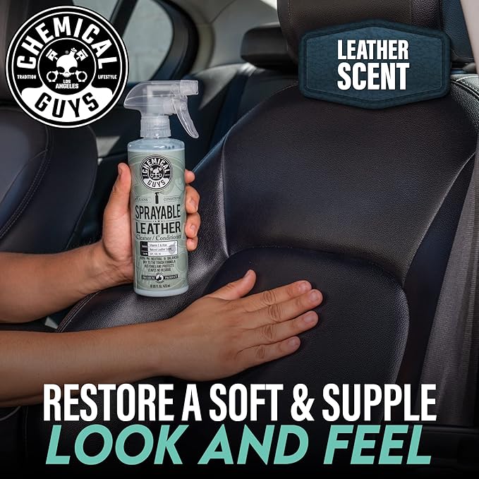 Chemical Guys SPI_103 Sprayable Leather Cleaner and Conditioner in One for Interiors, Apparel, and More (Works on Natural, Synthetic, Pleather, Faux Leather and More) Leather Scent, 128 fl oz (1 Gal)