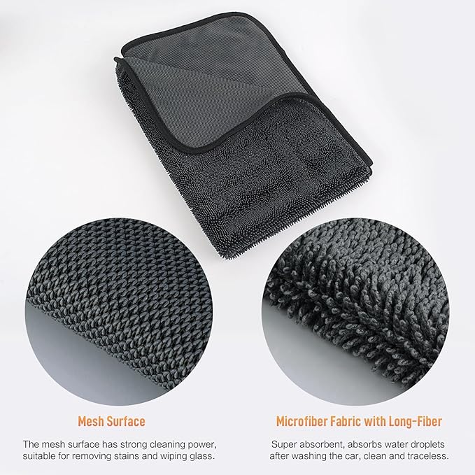SINLAND 3-Pack Microfiber Ultra Absorbent Drying Towel for Cars and Trucks, 600gsm, Streak-Free, Without Scratches or Water Spots, Car Drying Cleaning Auto Detailing Towels 16" x 24" Dgrey