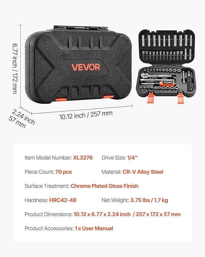 VEVOR Socket Set, 70 Pieces, 1/4 inch Drive Socket and Ratchet Set, SAE and Metric, Deep and Shallow, Mechanic Tool Kit with Bits, Accessories and Storage Case, CR-V Alloy Steel, for Automotive Repair