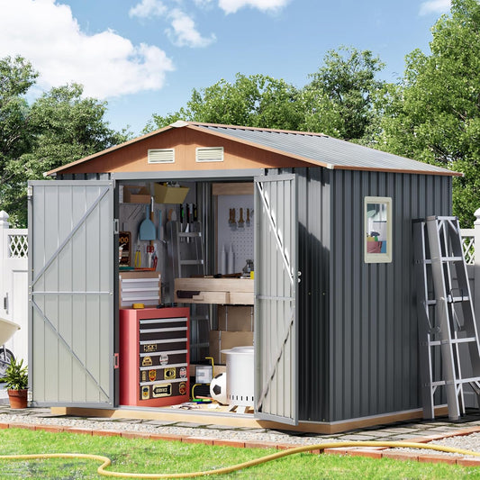 6x8FT Metal Shed & Outdoor Storage Shed with Floor Frame,Steel Tool Multi-Used Shed with Vents,Lockable Doors,Window,Compact Tool Shed for Backyard, Patio, Lawn and Garden Various Storage(Matte Gray)