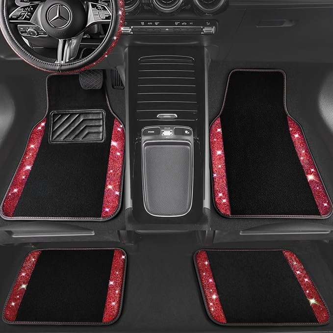 CAR PASS Bling Diamond Leather Steering Wheel Cover 14.5in-15in Floor Mats Shining Rhinestone Carpet Sparkly Glitter Crystal Anti-Slip Pad Fit Automotive SUV Pickup Truck Girl Women, 5pcs Black Red